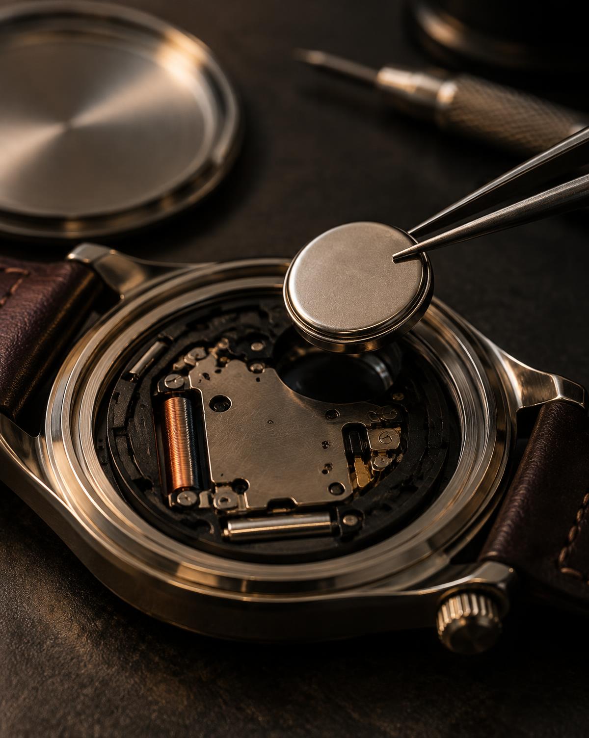 Fine tweezers placing a new battery into an open watch
